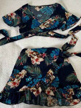 SHEIN Navy Tropical Floral Mini Dress Set with Teal and Coral Accents